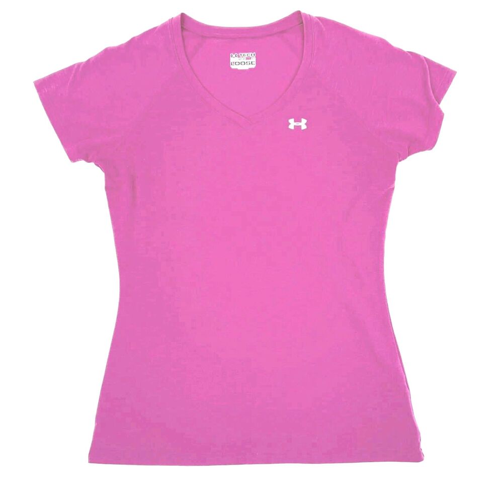 UA Under Armour Women's Heatgear Loose Fit V-Neck Athletic Tee Fuschia Size XS